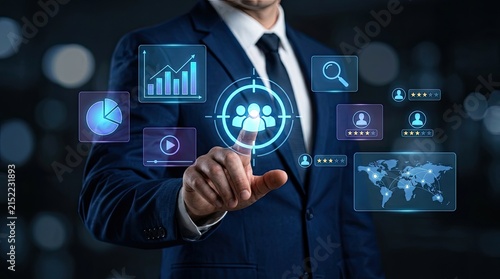 Businessman interacting with digital customer targeting and business analytics interface