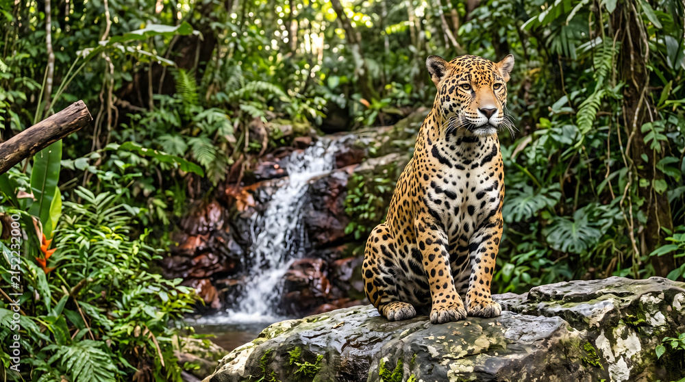 Obraz premium jaguar, pantheraonca, feline, wildcat, predator, mammal, jungle, rainforest, tropical, forest, waterfall, cascade, rock, stone, nature, wildlife, animal, bigcat, southamerica, brazil, conservation, en