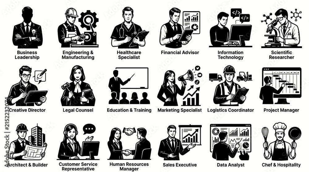 Fototapeta premium Black and White Icons Representing Diverse Professions and Industries in Vector Art Style
