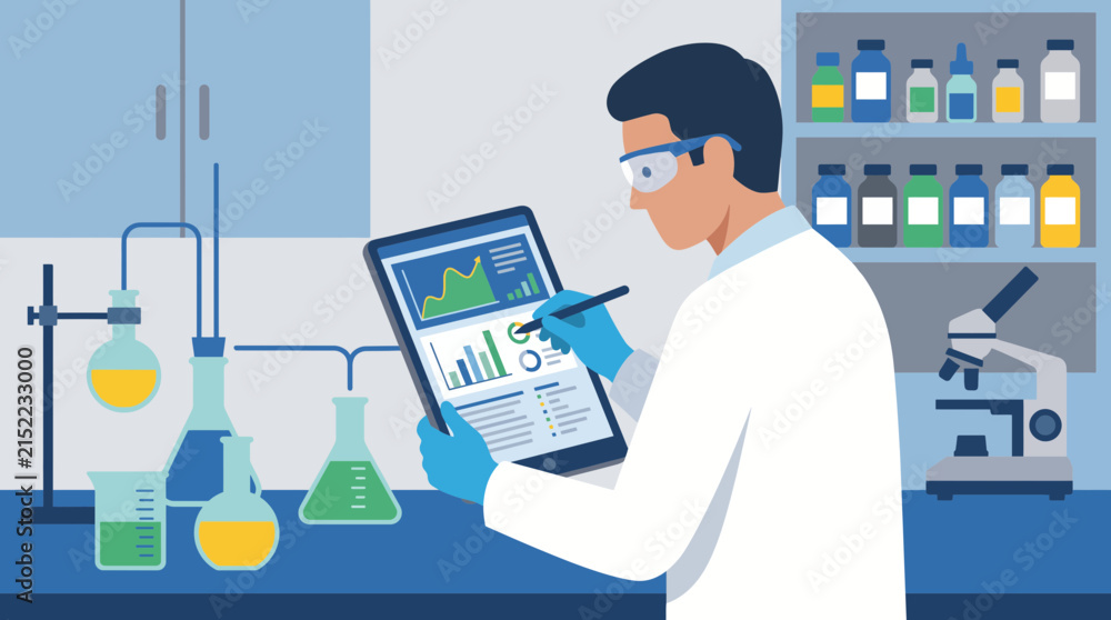 Naklejka premium Scientist Recording Data on a Digital Tablet in Lab