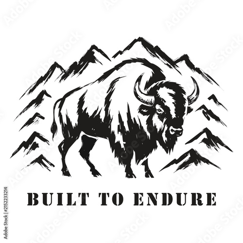 American Bison Buffalo Mountain Outdoor Typography T-Shirt Design Vector Illustration for Adventure Clothing