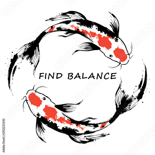 Japanese Style Koi Fish Yin Yang Balance Graphic T-Shirt Design Vector Illustration for Print and Apparel
