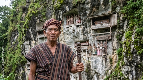Elderly man in traditional clothing standing in front of cliffside burial site