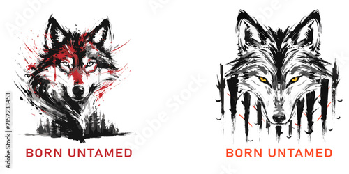 Brush stroke wolf head typography t-shirt design vector illustration for apparel and streetwear