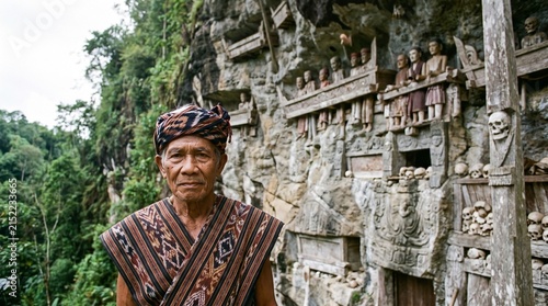 Portrait of a senior man wearing traditional garments near a rock face tomb
