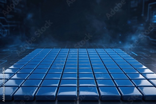 Futuristic Blue Grid Stage with Abstract Digital Background.