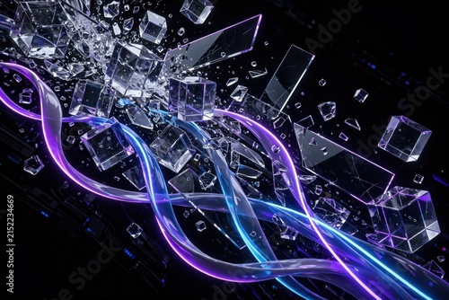 Abstract Explosion of Shattered Glass Cubes and Swirling Neon Light Trails.