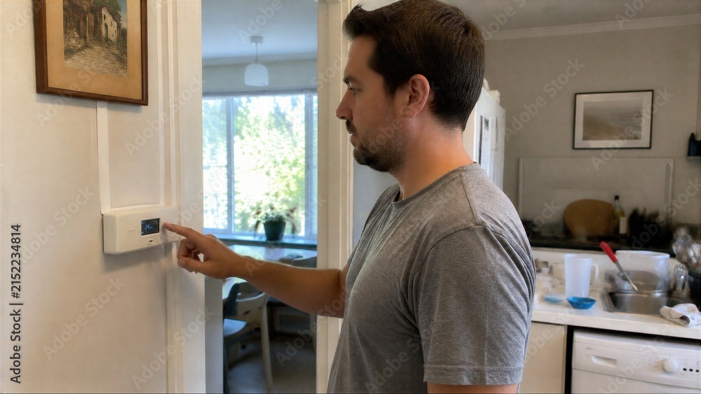 Fototapeta premium Man Adjusting A Digital Thermostat On A Home Wall