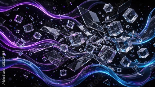 Abstract Explosion of Shattered Ice Cubes and Swirling Energy Waves.