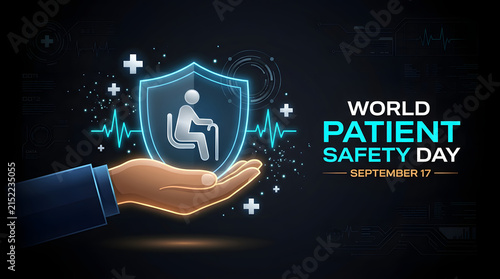 World patient safety day september 17 medical protection concept featuring shield and caring hand