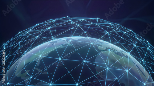 Global network technology illustration, digital planet earth with glowing data mesh, futuristic communication and internet connectivity concept