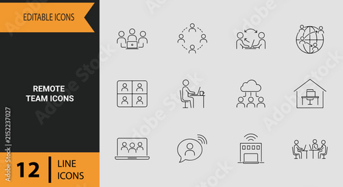 Remote Team Outline Icon Set for Distributed Workforce Workspaces and Virtual Business Operations
