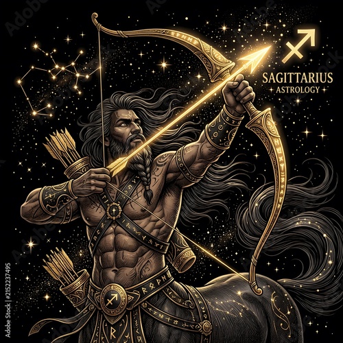 Sagittarius Zodiac Centaur Archer Drawing Golden Bow Illustration