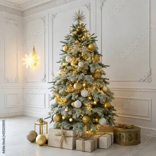 Festive Christmas tree adorned with golden baubles and lights in a white elegant room with gifts