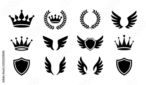 Assortment of black award icons featuring crowns, laurel wreaths, wings, and shields for recognition and status.