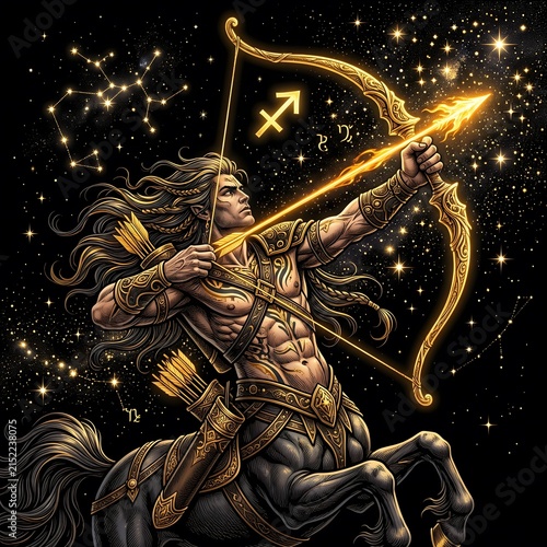 Sagittarius Zodiac Centaur Archer Drawing Golden Bow Illustration
