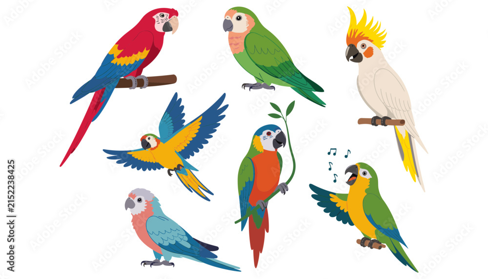 Naklejka premium Tropical Parrot Bird Vector Icon Set with Scarlet Macaw, Cockatoo, Flying Parakeet, Perched Lovebirds, and Singing Conure Illustrations for Jungle Nature Designs