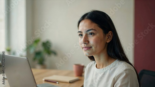 Young Woman Working on Laptop at Home Office, Remote Work and Online Business