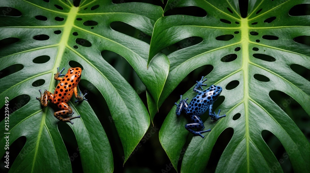 Naklejka premium Two colorful poison dart frogs sit on large monstera leaves. One frog bright orange with black spots, vibrant blue with dark spots. Vivid skin contrasts with green jungle foliage, beauty, danger.