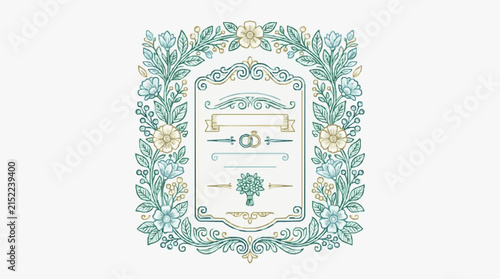 Hand-drawn vintage wedding invitation frame with floral wreath, wedding rings icon, flower bouquet, and scroll ribbon design in teal and gold muted tones on white background.