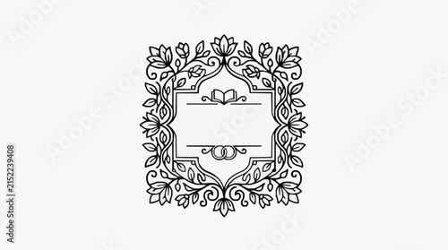 Floral Monoline Frame Vector with Open Book and Interlocking Wedding Rings, Symmetrical Square Border Design for Invitations, Certificates, and Stationery Templates on White Background.