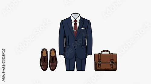 Professional men's formal business outfit set featuring a navy blue suit, white shirt, red patterned tie, brown leather shoes, and leather briefcase for corporate office attire.