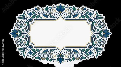 Ornate floral border frame featuring symmetrical blue and teal flowers with green leaves and gold accents surrounding a central white label, isolated on a black background.
