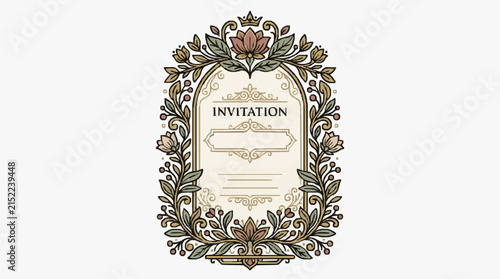 Ornate vintage invitation card vector illustration with arched central frame, decorative floral borders, pink roses, green leaves, berries, and crown icon on a white background.