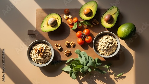 Healthy Breakfast Cookbook Cover Background with Avocado Berries and Oats