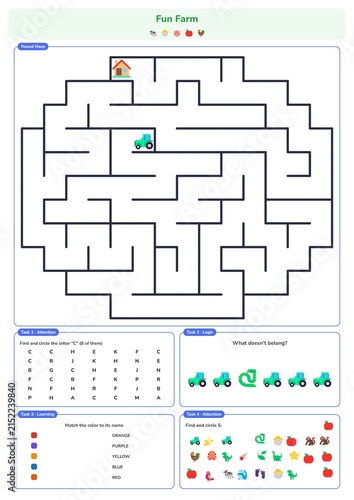 Farm themed kids activity worksheet featuring a round maze, letter search, logic puzzle, color matching, and counting task. Great for preschool education, activity books, and printables.