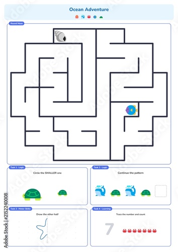 Obraz na płótnie Children ocean themed activity worksheet with a circular maze, size comparison task, pattern continuation, and symmetry drawing on a white background