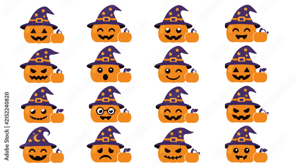 Fototapeta premium Set of Halloween Stickers Featuring Cute Witch Pumpkins with Various Facial Expressions