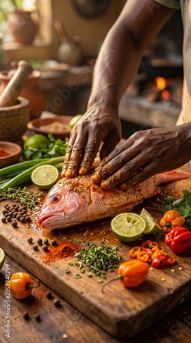 Hands Seasoning Fresh Red Snapper with Spices