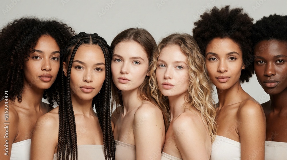 Fototapeta premium Diverse group of beautiful young women pose together against neutral background. Multicultural models with different skin tones, hair textures show unity. Studio portrait features various