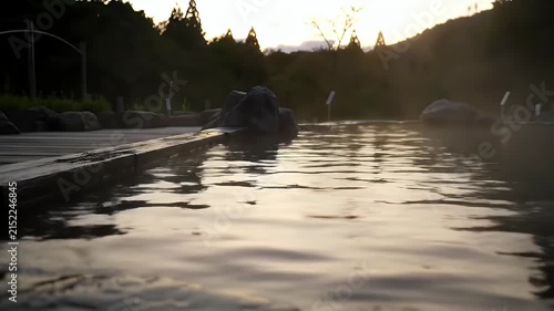 A serene riverbank at sunset with a lone figure wading in shallow water and tree-lined shores