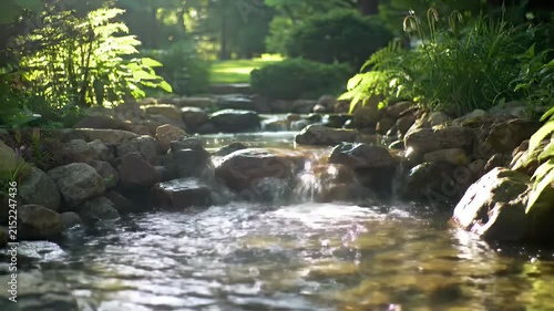 A Serene Sunlit Garden Stream Meandering Over Smooth Rocks and Lush Foliage