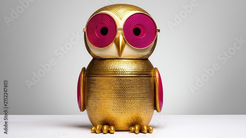 Decorative golden owl sculpture with pink spiral eyes and textured surface on white background