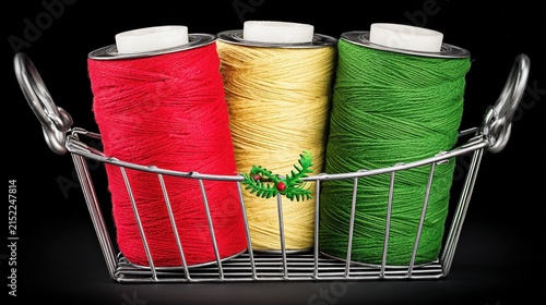 Colorful Spools of Thread in a Metal Basket for Crafting and Sewing Projects