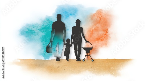 Silhouette of a family walking along the beach with children and sand toys during sunset