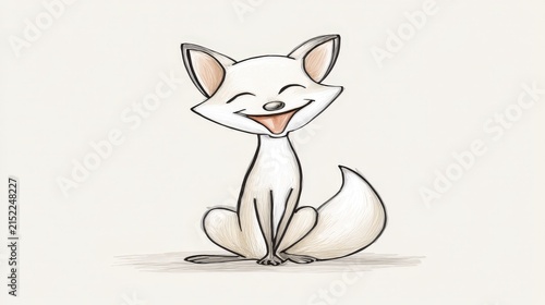 Cute Cartoon White Fox Sitting With Smiling Facial Expression and Closed Eyes