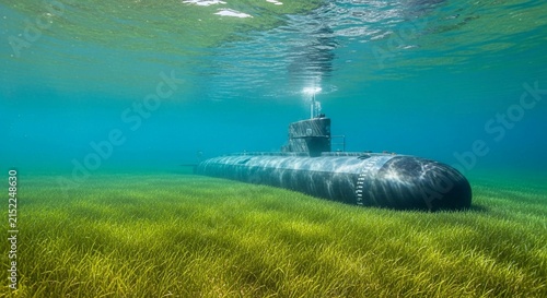 A modern research submarine glides silently over a vibrant seabed, documenting the underwater world with advanced technology.