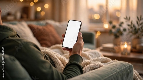 Person relaxing at home holding a smartphone with a blank screen.