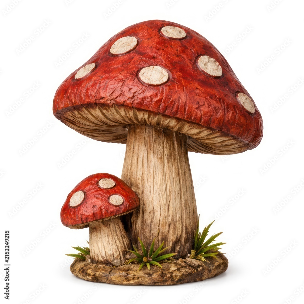 Fototapeta premium Two red and white spotted mushrooms on a small patch of grass.