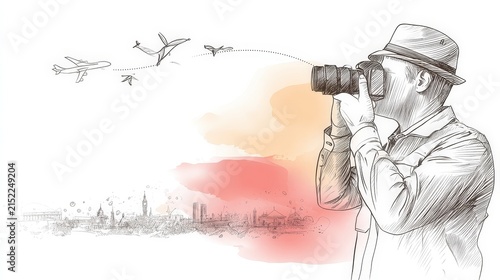 Man with Hat Using Binoculars to Observe Birds in the Sky Over Cityscape