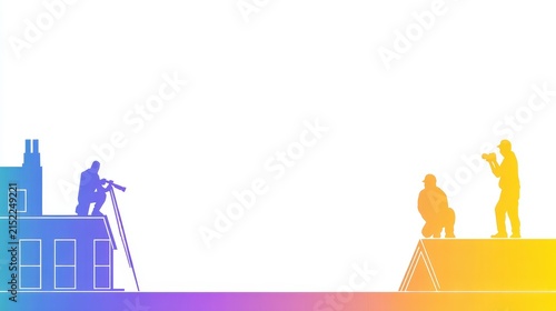 Two Construction Workers on Roof During Sunset with Skyline and Tower Crane