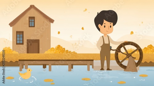 Young boy fishing by riverside with house and duck in peaceful scenic setting