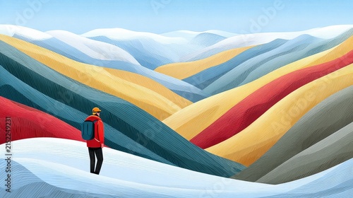 Solo Hiker Standing on Colorful Hills in a Vibrant Landscape Scene