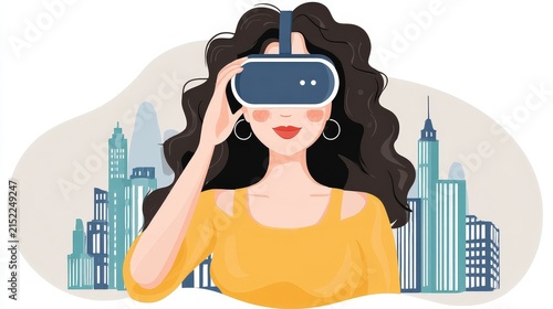Woman wearing virtual reality headset amidst cityscape with skyscrapers and modern buildings