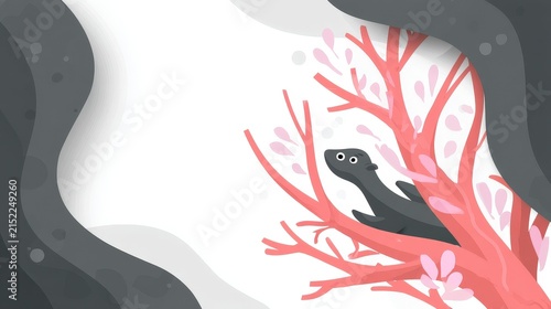 Whimsical Illustration of a Curious Creature Peeking from Pink Tree Branches in a Forest Scene