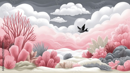 Serene Fantasy Landscape with Pink and Gray Foliage and Cloudy Sky